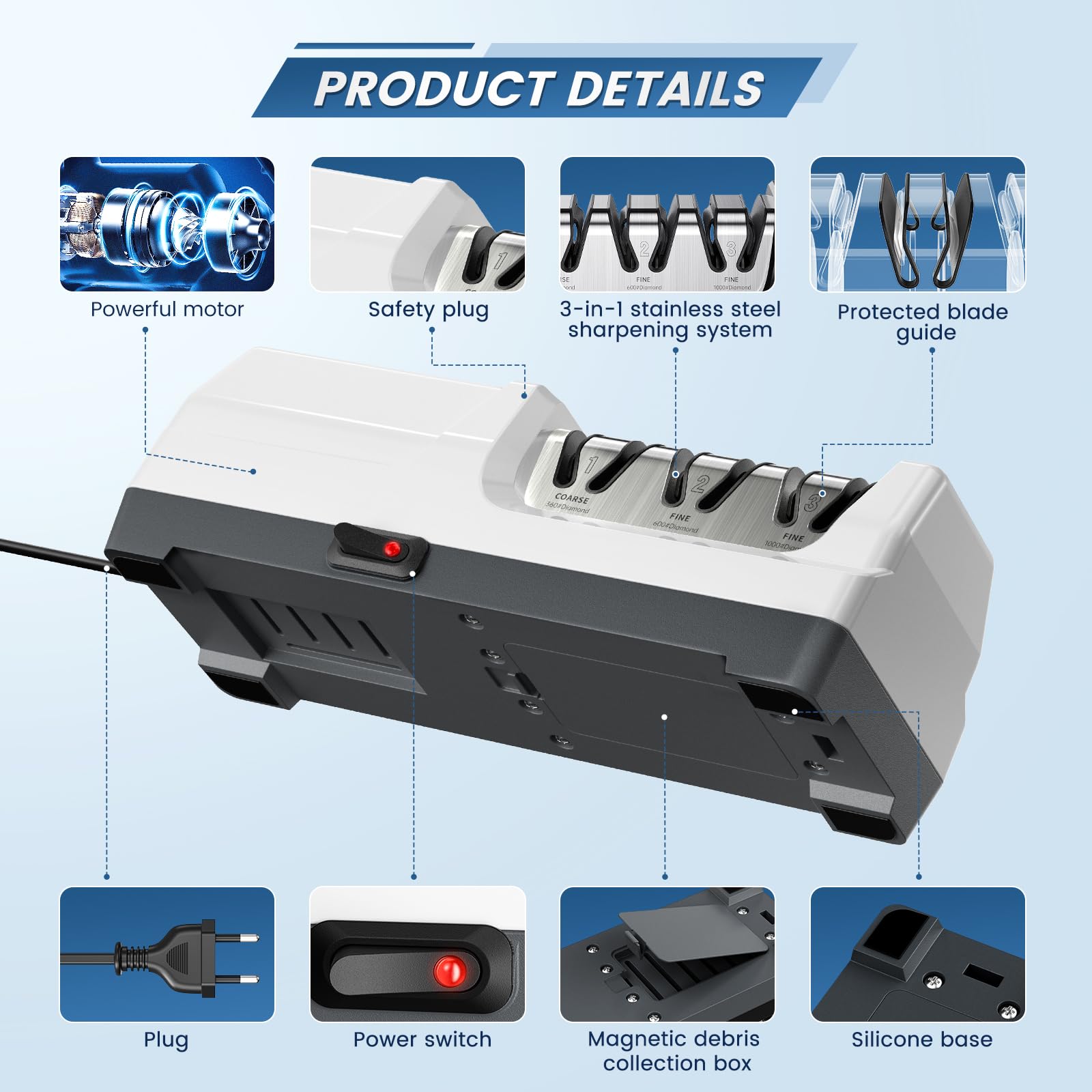 Afilador de Cuchillos Eléctrico Profesional con 3 Niveles, Discos de Diamante, Protección contra Sobrecalentamiento, Motor Silencioso, Afilado Rápido de Cuchillos de Cocina