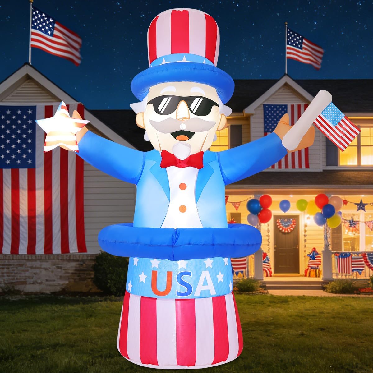 GOOSH 6FT Patriotic Independence Day 4th of July Inflatables Outdoor Decorations, Inflatable Uncle Sam with Flag Built-in LED Lights Blow up Decor for Holiday Party Yard Lawn