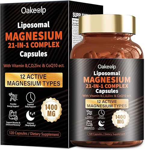 Miniatura 1 de 21 en 1 Liposomal 12 tipos activos complejo de magnesio 1400mg (glicinato, citrato, malato, etc.) cápsula -con vitamina D3, B6, B12, Ashwagandha y