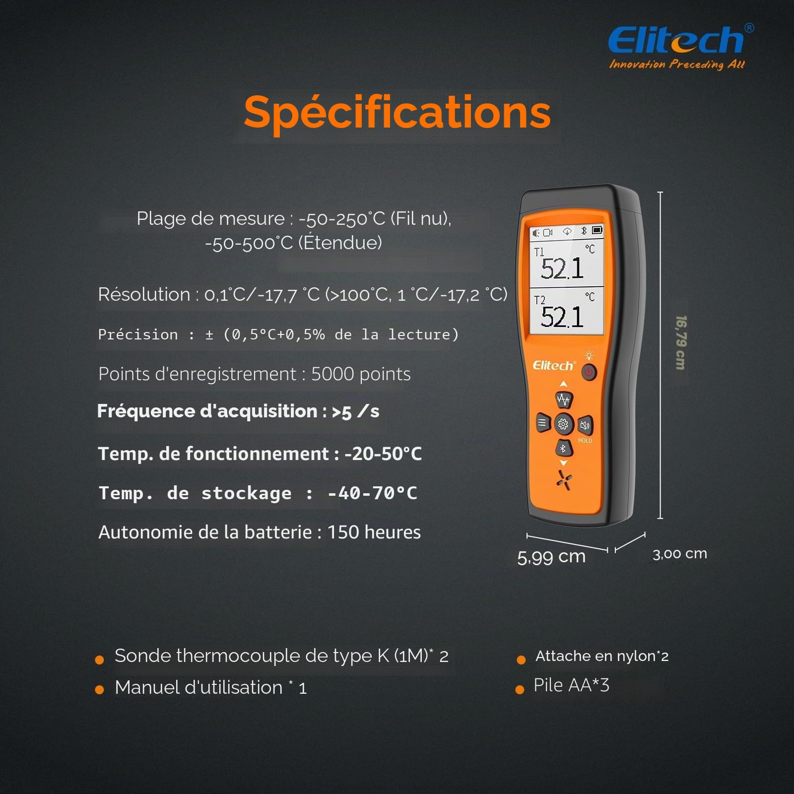 Elitech Thermomètre Thermocouple de Type K Double Canaux avec APP pour CVC Réfrigération Maintenance Automobile et Pompe à Chaleur -50 à 500℃ ICT-220