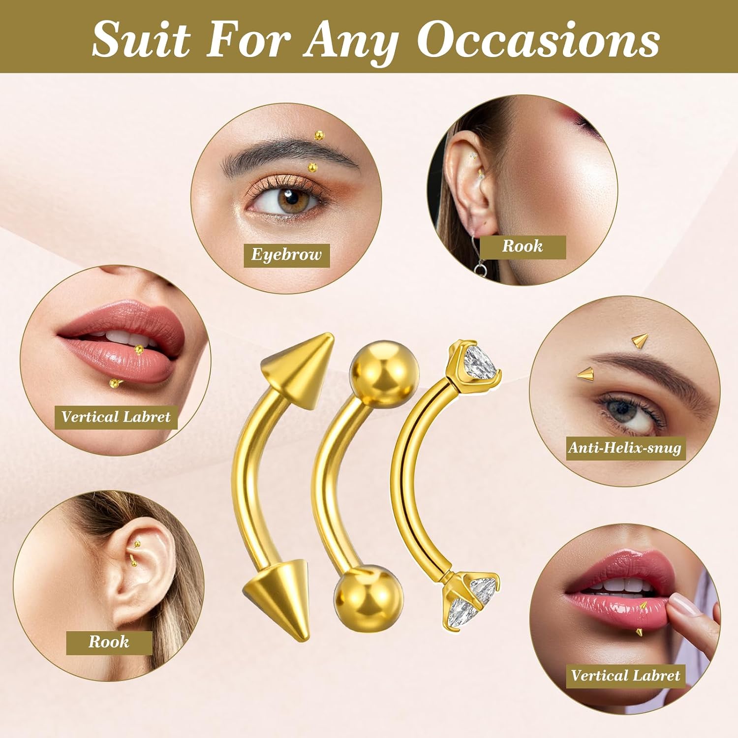 9 Pcs Gold Eyebrow Piercing - 16G Stainless Steel Gold Eyebrow Piercing for Women Men - CZ Labret Lip Daith Navel Belly Button Helix Tragus 6mm 8mm 10mm