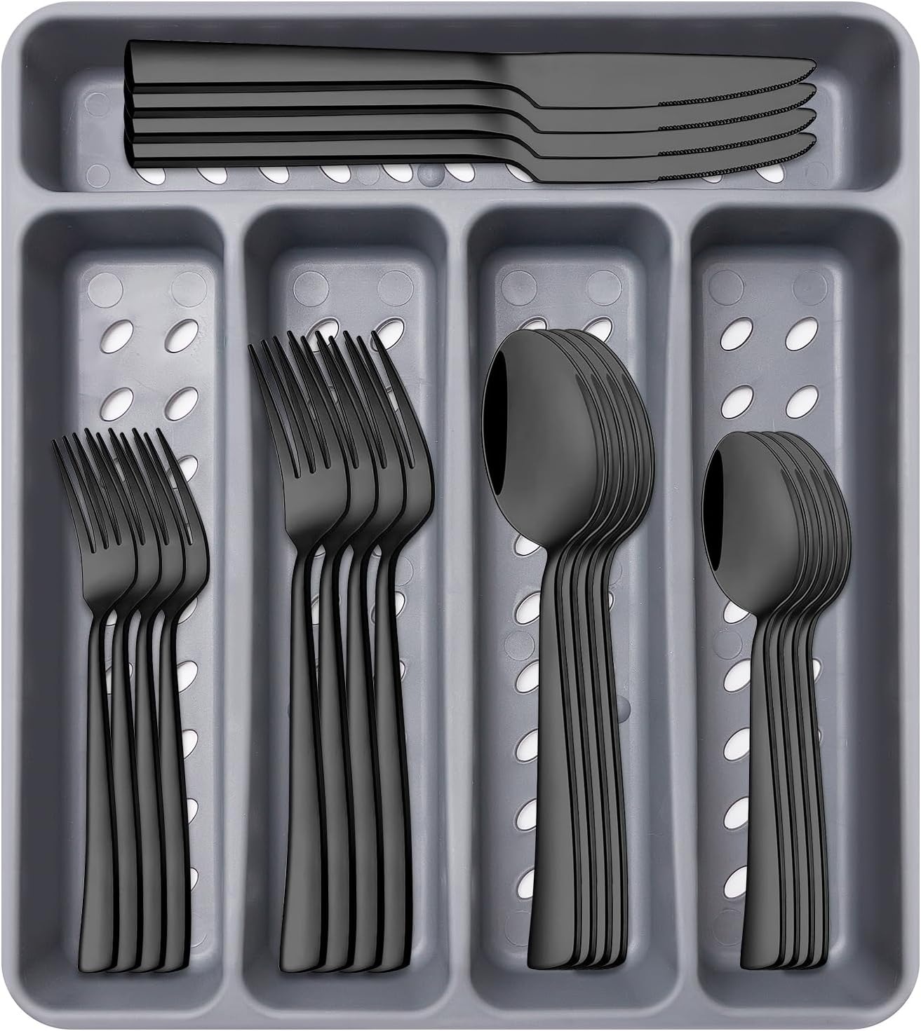 21-Piece Black Silverware Set with Organizer Tray Stainless Steel Cutlery Utensil Set Kitchen Spoons and Forks Set Tableware Set Heavy Duty Flatware Set Service for 4 Forks Spoons and Knives Set Black 12.8" x 11.3"