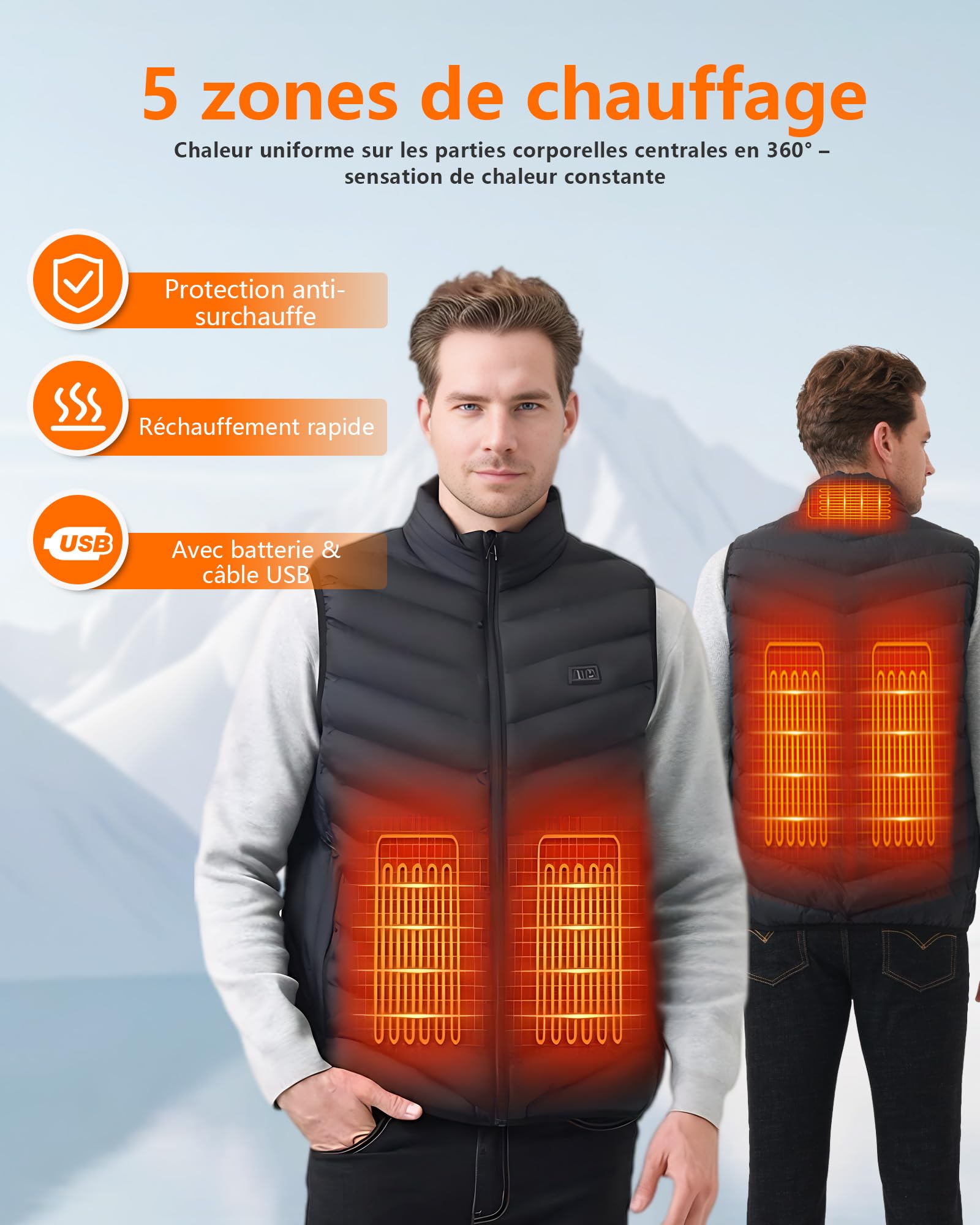 Gilet Chauffant Homme avec 10000mAh Batterie Incluse, Veste Chauffante Homme avec 3 Températures Réglables pour Ski Moto Chasse Randonnée la pêche (Noir, S)