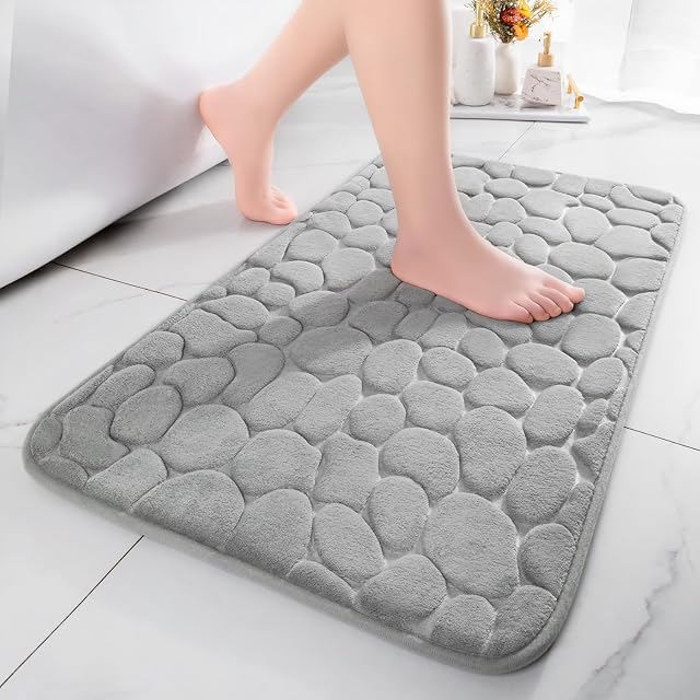 chakme Memory Foam Bath Mats for Bathroom, Super Absorbent Cobblestone Bathroom Mat, Non-Slip Bathroom Rug, Machine Washable Bath Rugs, Light Grey, 43x61 cm