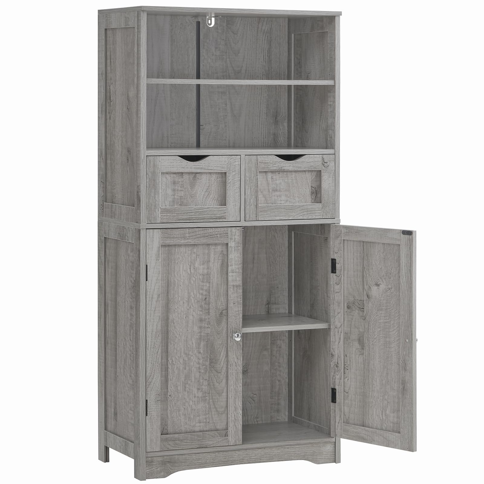 Armario de almacenamiento alto con 2 cajones y estante ajustable, armario de baño con puertas, armario, armarios de cocina para sala de estar, comedor, entrada, gris