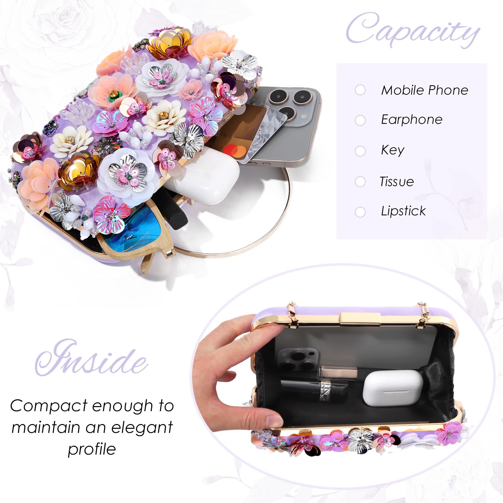 EVEOUT Clutch de 3D Flores Mujer Elegante Bolso de Mano de Noche de Cristal con asa y Cadena para Boda Fiesta Baile