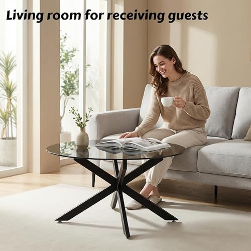 Miniatura 6 de Mesas de centro de cristal redondas y negras para sala de estar, oficina en casa, mesa central moderna y simple con parte superior de vidrio