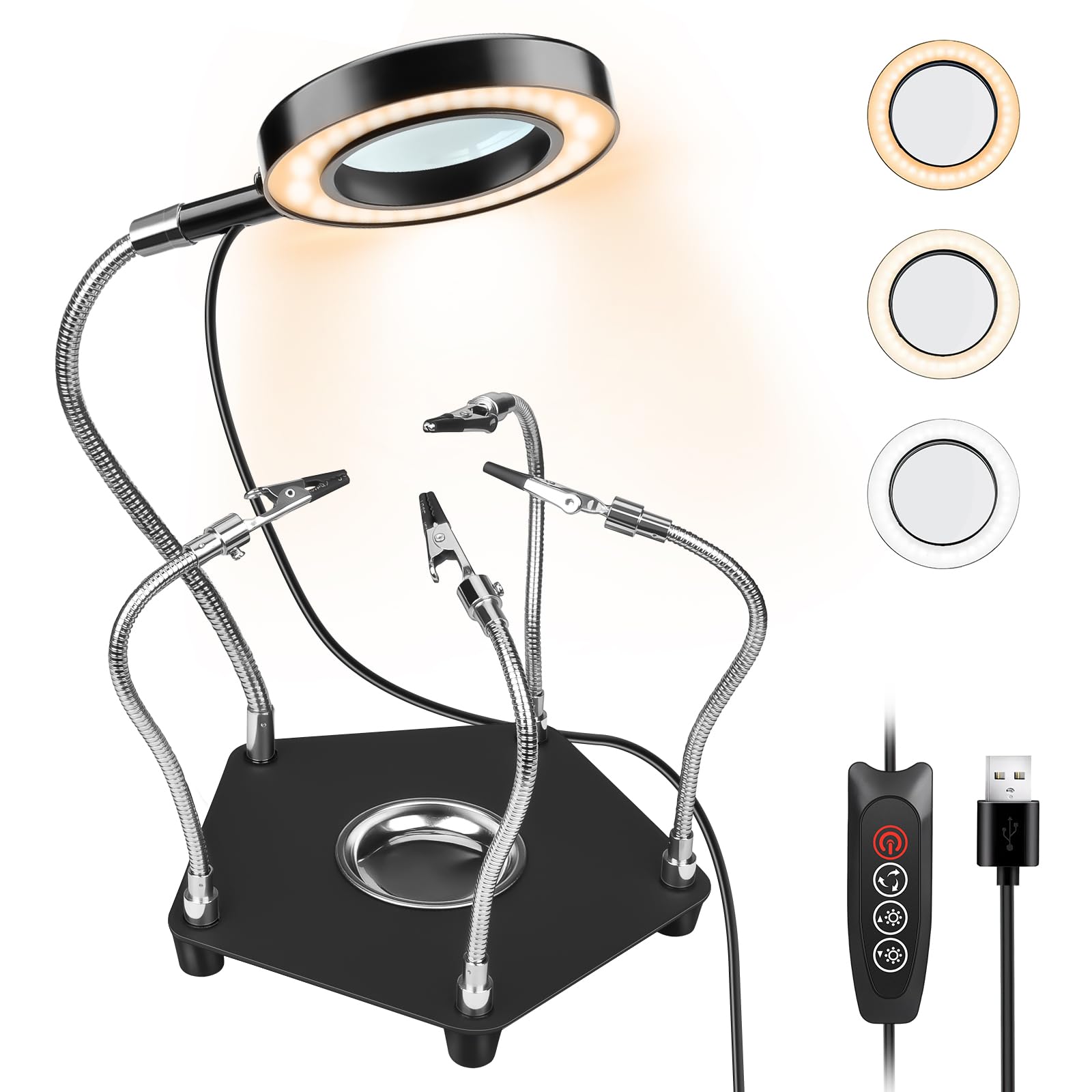 Lytool Helping Hands Soldering Station with 3X Magnifying Glass Dimmable LED, Flexible Helping Hands Soldering with 4 Flexible Arms for Welding Repair
