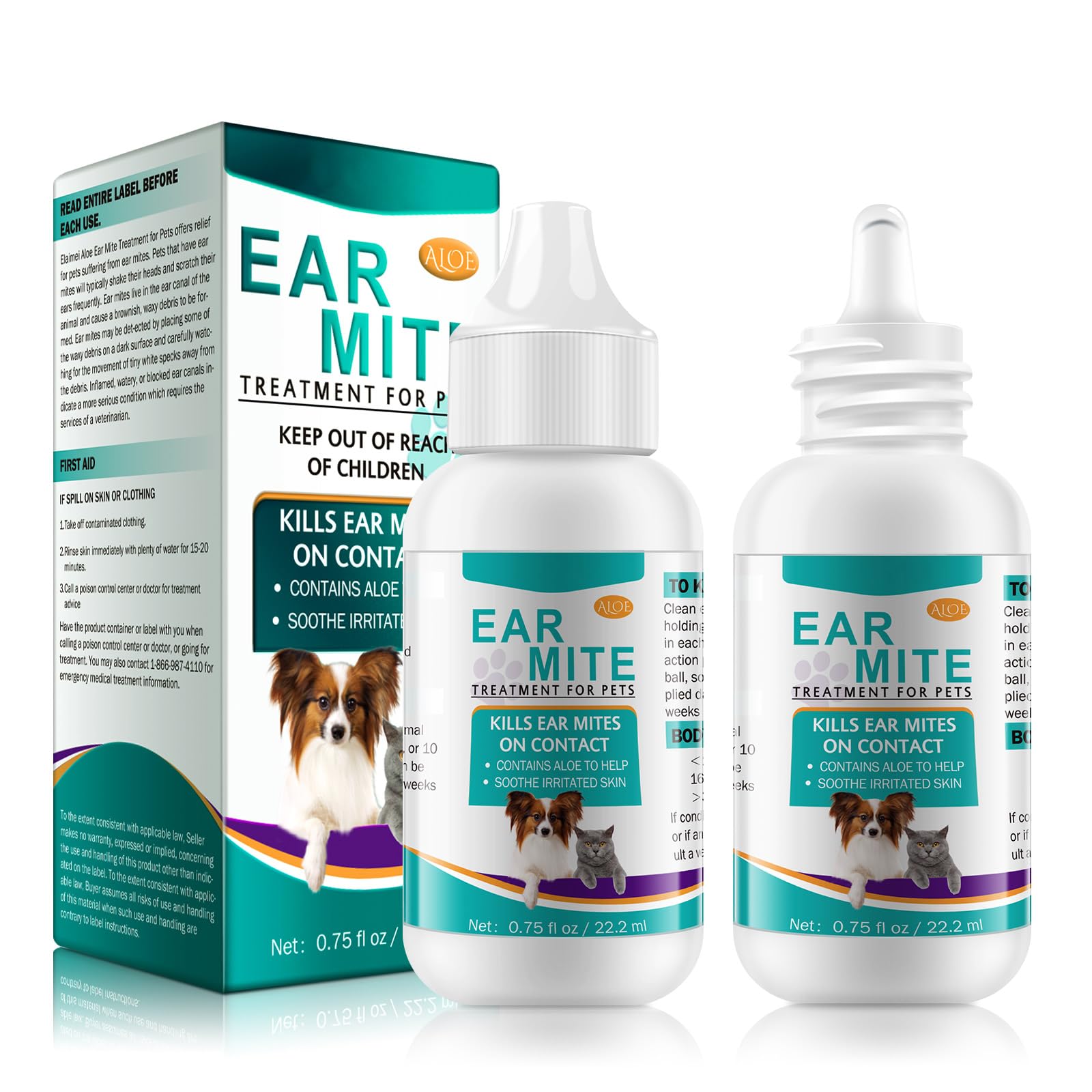 SDJUFEI 2 Pack Ear Mites Clean for Dogs & Cat, with Aloe Vera, Cat Ear Mite Treatment Cleaner on Contact & Soothes Itching, Vet-Recommended Formula for Pets Ear Cleaning, Fast-Acting
