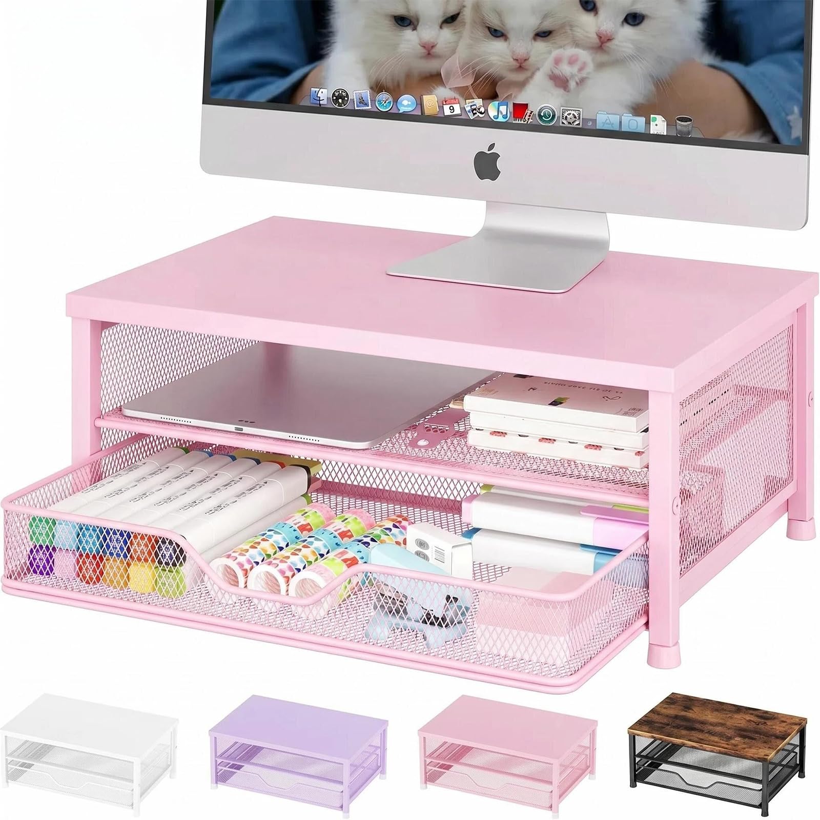 OPNICE Computer Monitor Stand Riser, Desk Organizer with Drawer, Printer &amp; Laptop Stand, Office Desk Accessories &amp; Workspace Desktop Organizers Storage for Office Supplies(Pink)