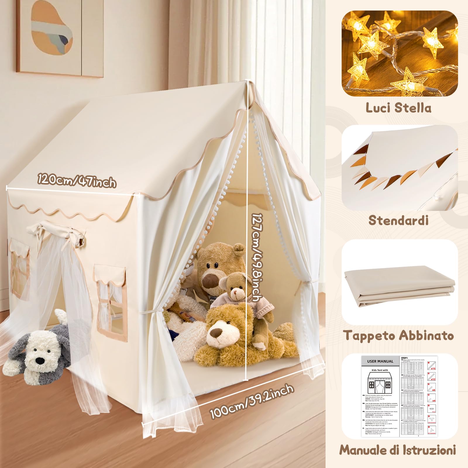 Herenear Tenda per Bambini con 2 Porte, Tenda da Gioco per Bambini Interni Esterni con Sottotenda e 2 Finestre, Cameretta Letto con Luci e Bandierine, Casetta Tenda Regalo
