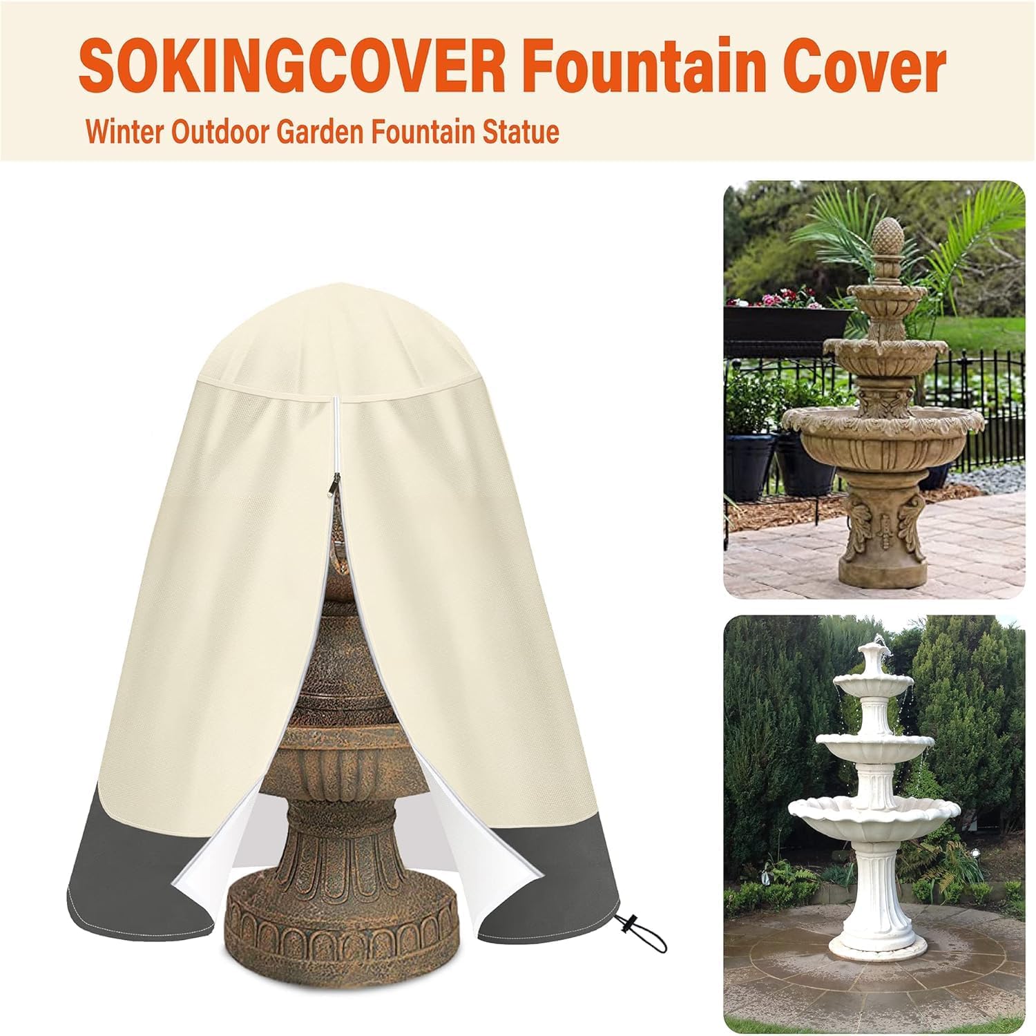Outdoor Water Fountain Cover, 48"×68", Heavy-Duty Waterproof 420D Oxford, UV/Fade Resistant, Full Zipper, Secure Fit for Most Round & Tiered Fountains