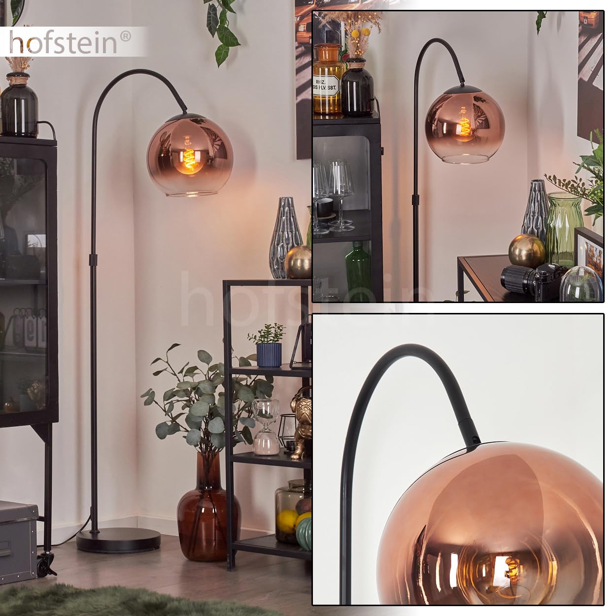 Lampada da terra Koyoto, lampada in metallo/vetro nero/rame/trasparente, design retrò/vintage/industriale con paralume vetro (Ø 25 cm) e interruttore a pedale, altezza 141 cm, 1 x E27, senza lampadina