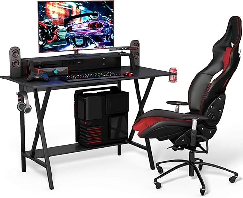 Miniatura 6 de Tangkula Escritorio para computadora de juegos con estante para monitor, mesa de juegos con soporte para tazas, soporte para auriculares y regleta