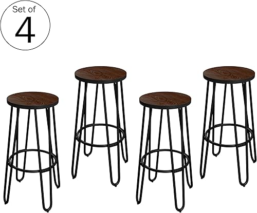 Miniatura 10 de Juego de 2 taburetes de bar – Taburetes de bar sin respaldo de 24 pulgadas de alto con patas de horquilla y asiento de madera para cocina, comedor o