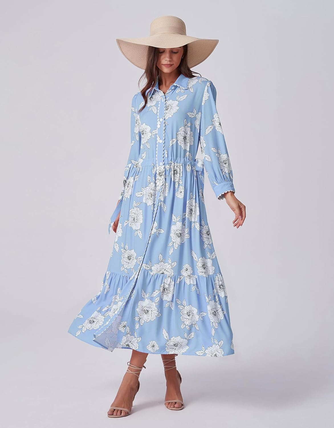 Kedera Womens Maxi Shirt Dress Floral Fall Collared 3/4 Long Sleeve Button Down Drawstring Waist Midi Dresses Winter - Image 6