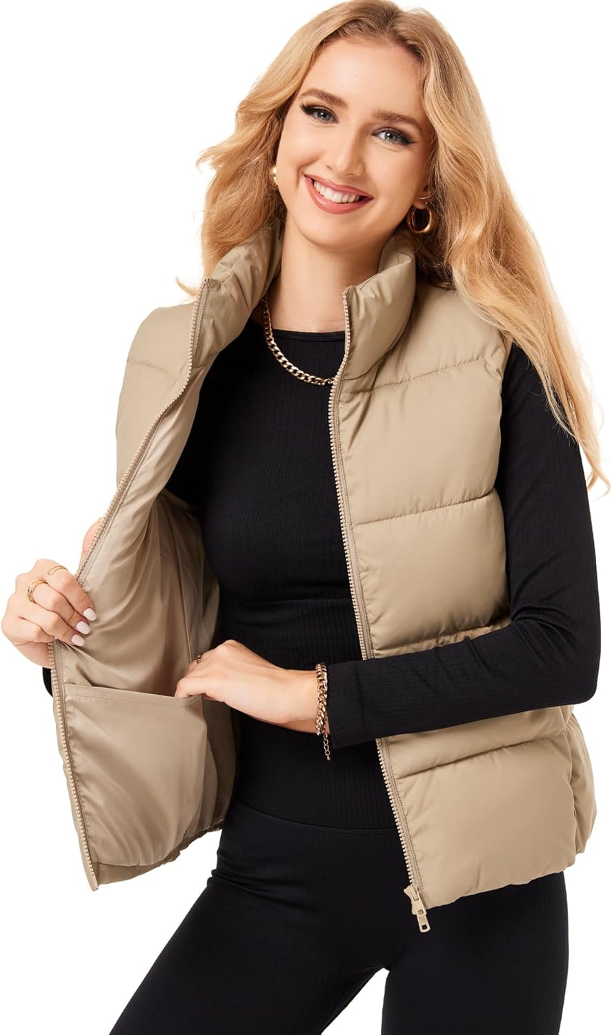 Fuinloth Women's Lightweight Puffer Vest, Water Repellent, 4 Pockets, Double Slider Zipper, Elastic Hem for Fall & Winter