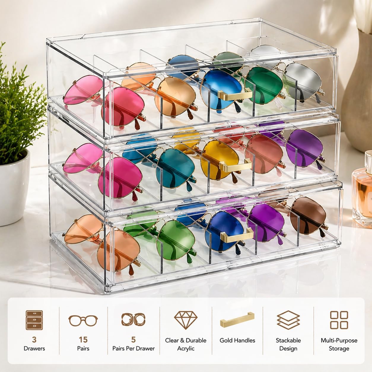 Clear Acrylic Sunglasses Storage Case Stackable with 5 Compartments and Gold Handles, Glasses Organizer