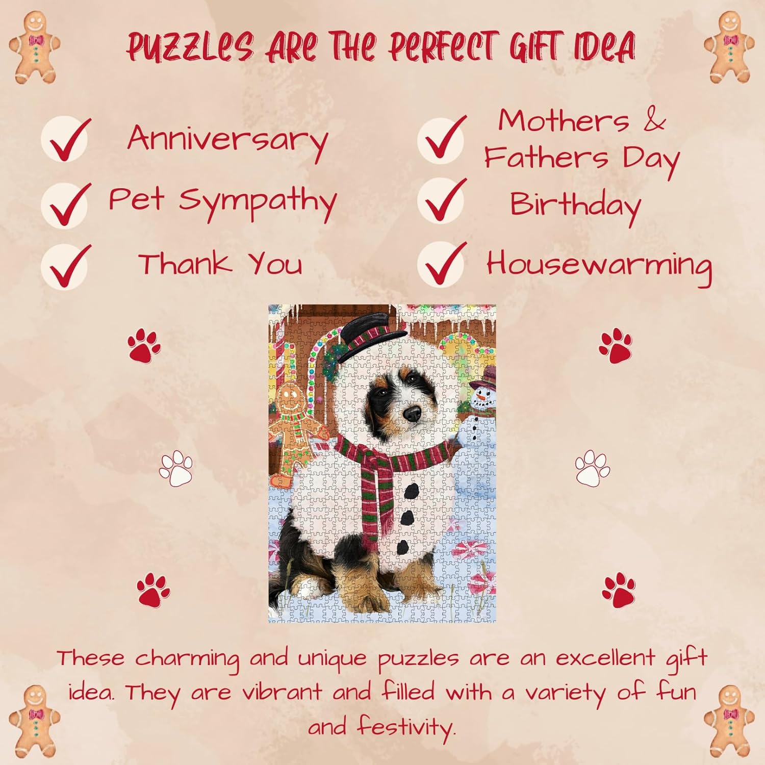 Christmas Gingerbread Snowman Bernedoodle Dog Jigsaw Puzzle for Adults - Animal Printed Interlocking Puzzle Game Artwork - Gift for Dog Lover's - 1000 Pcs 20"x30"