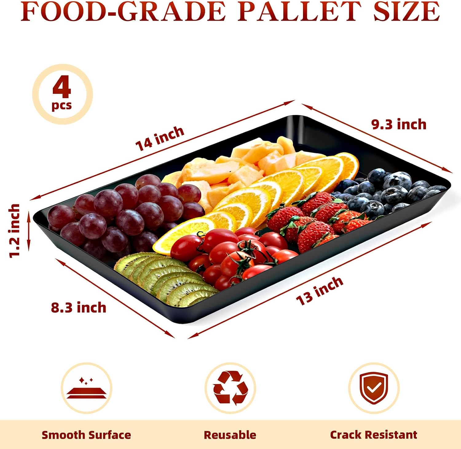 DCA 4 Pack Black Serving Tray for Entertaining,Grilling BBQ Accessories, Serving Platters for Snacks, Donuts, Appetizers, Desserts, Plastic Serving Trays for Party and Household Organization‌
