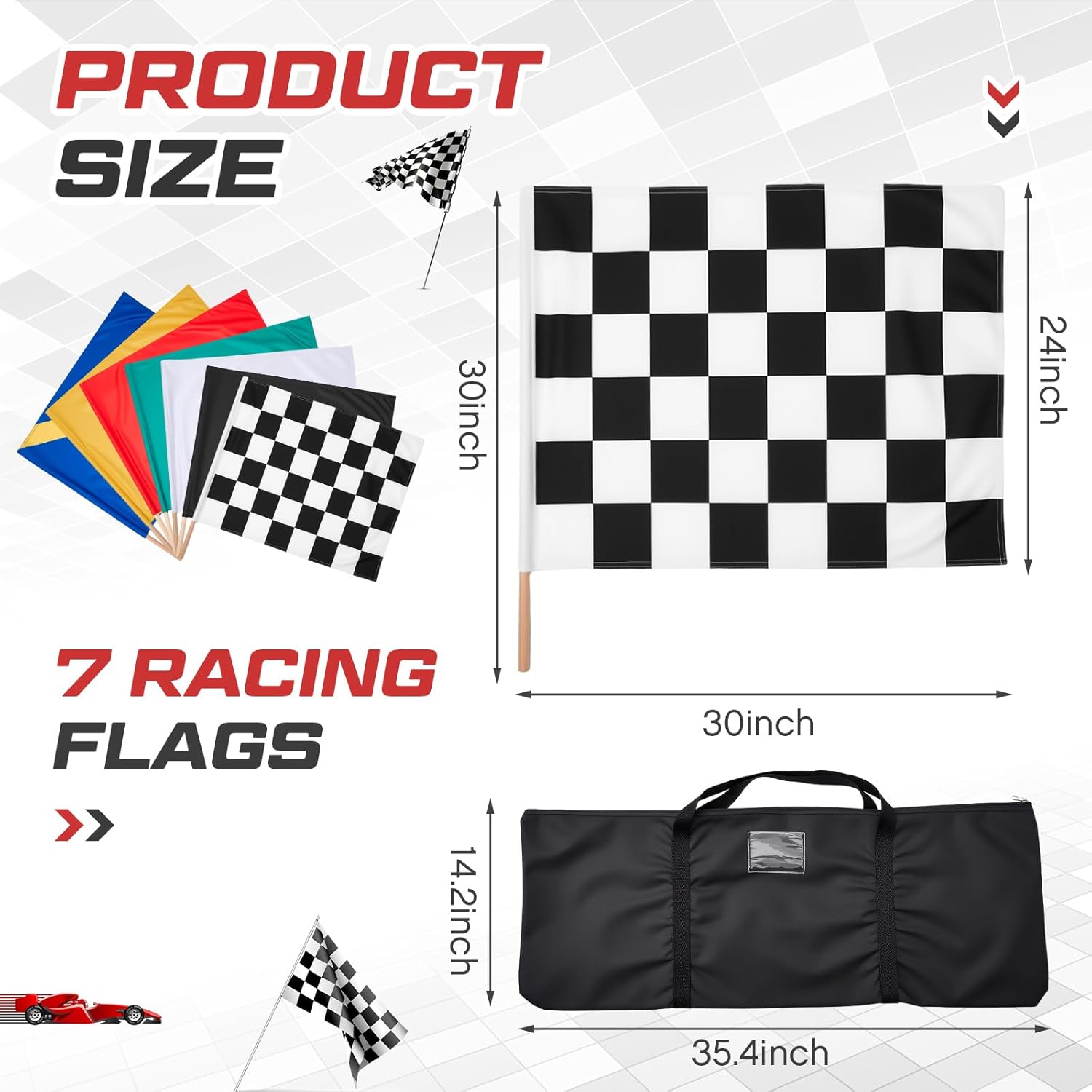 Set of 7 Racing Flag Mounted on 30'' Flagpole and Storage Bag 24'' x 30'' Polyester Race Track Flag for Sports Racetrack Outdoor Karting Circuit Home Indoor Outdoor Party Decorations - Image 3