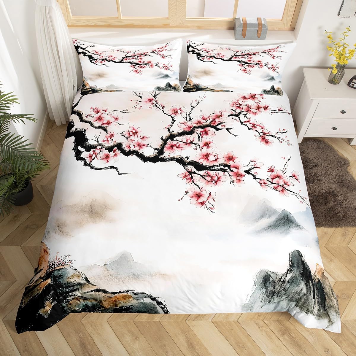 Loussiesd Japanese style Duvet Cover with single cherry print bedding set watercolor bedding set with 1 pillowcase 65x65cm for children girls and women bedroom decoration