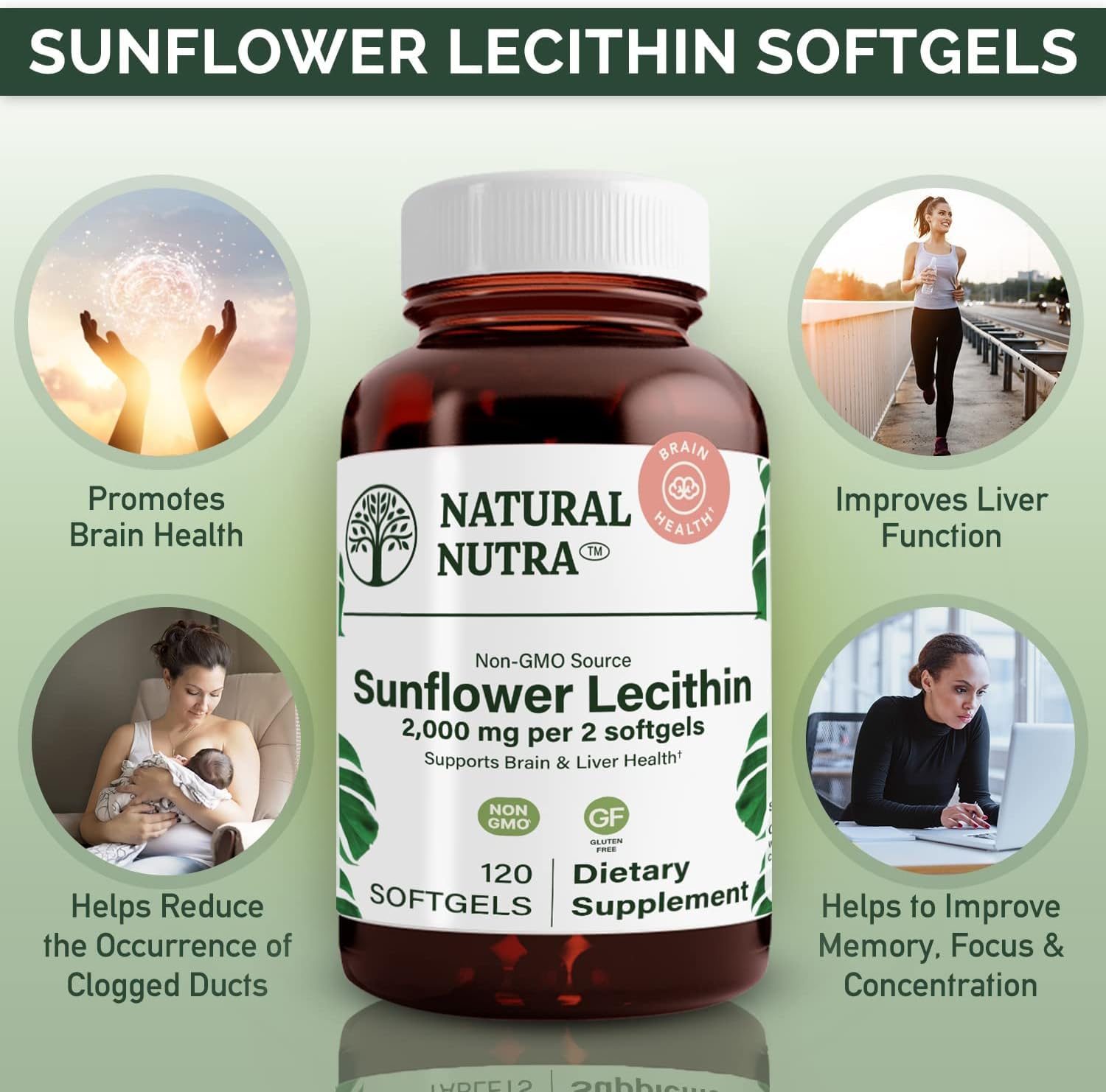 Natural Nutra Sunflower Lecithin Supplement 2000 mg, Improve Liver Function, Memory Booster, Non-GMO, Gluten Free, 120 Softgels