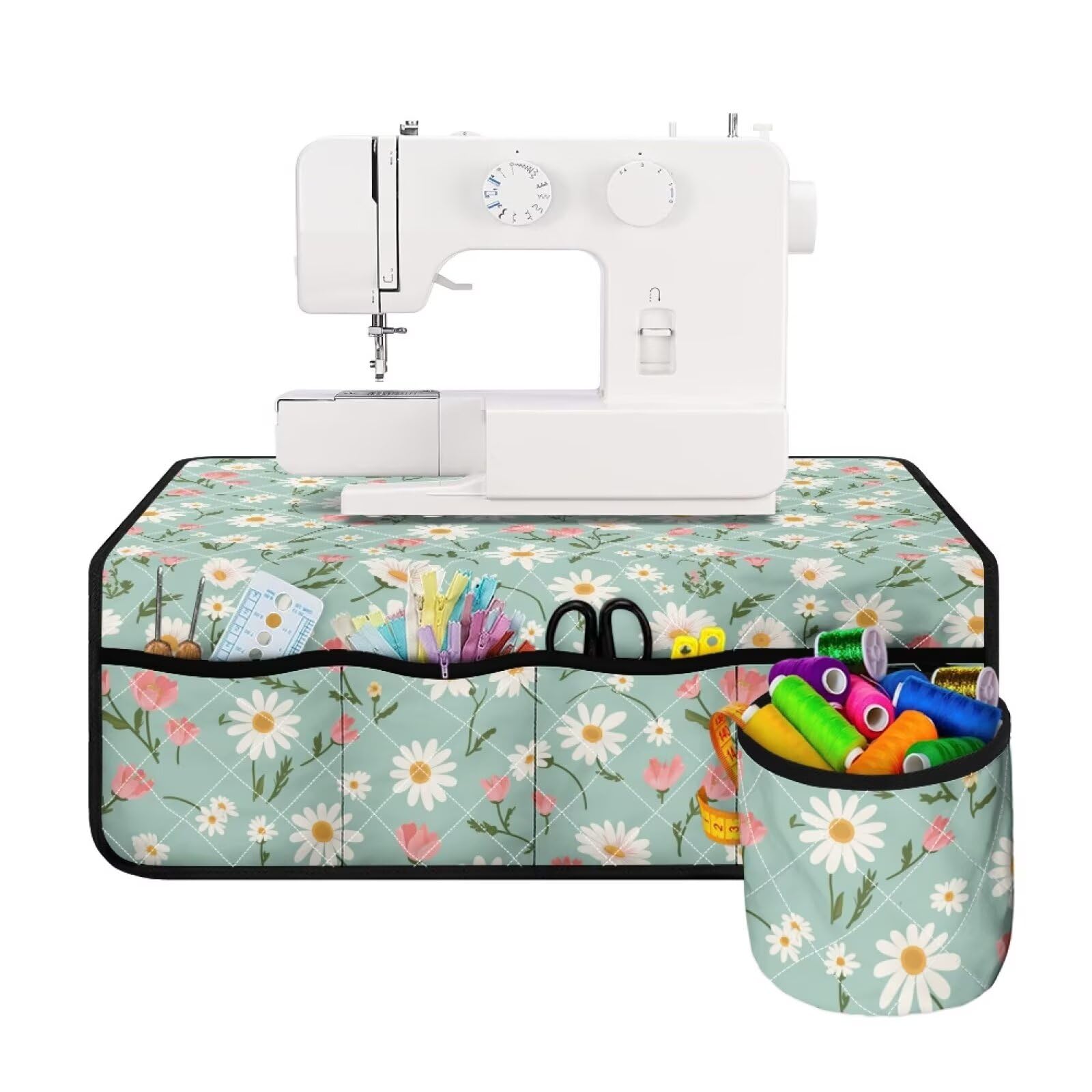 Sewing Machine Mat for Table with Pockets, Sewing Machine Pad Organizer with Storage Dust Resistant Non Slip Mats Sewing Machine Mats for Sewing Supplies - Daisy Tulips