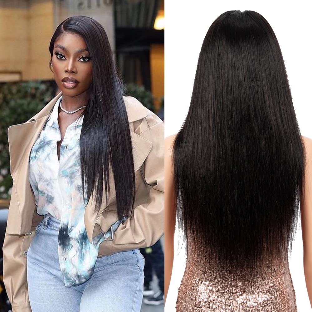 MISS REBECCA 4x4 Lace Front Wigs Straight Human Hair 180% Density Brazilian Virgin Human Hair HD Lace Closure Wigs Pre Plucked for Black Women（24 Inch, natural black）