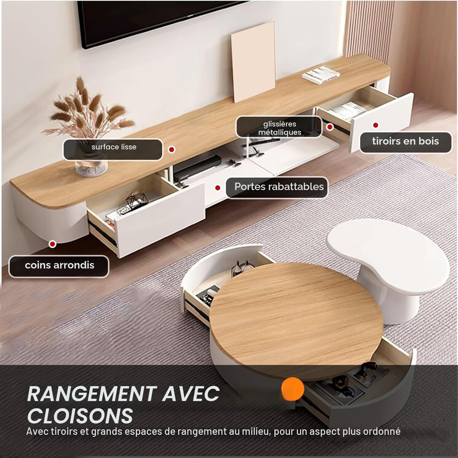 Meuble TV Suspendu, Meuble TV Flottant, Noir Meuble Télévision Mural en Bois Massif avec 2 Tiroirs, Design Élégant et Suspendu, Étagère de Rangement pour Salon ou Chambre (Couleur Bois, 220cm)