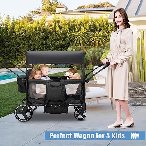 Miniatura 2 de Cochecito para 2, 3, 4, niños, 4 plazas, todo terreno, vagón de bebé, plegable, ligero, con arnés de 5 puntos, toldo, bandeja de aperitivos para