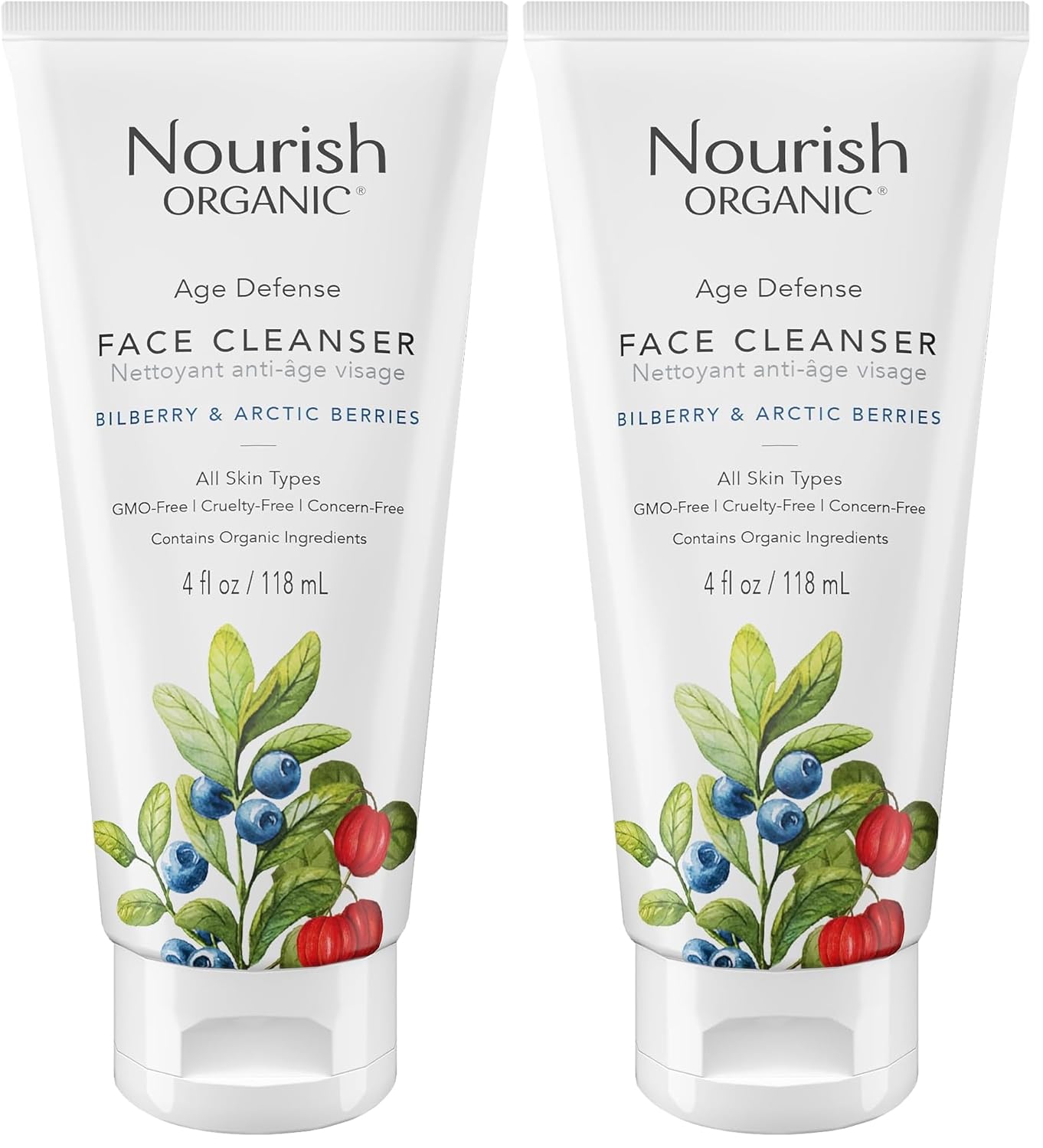 Nourish Organic Face Cleanser, Age Defense Bilberry & Arctic Berries – Anti-Aging Face Wash with Aloe Vera + Washable Cotton Round (Pack of 2)