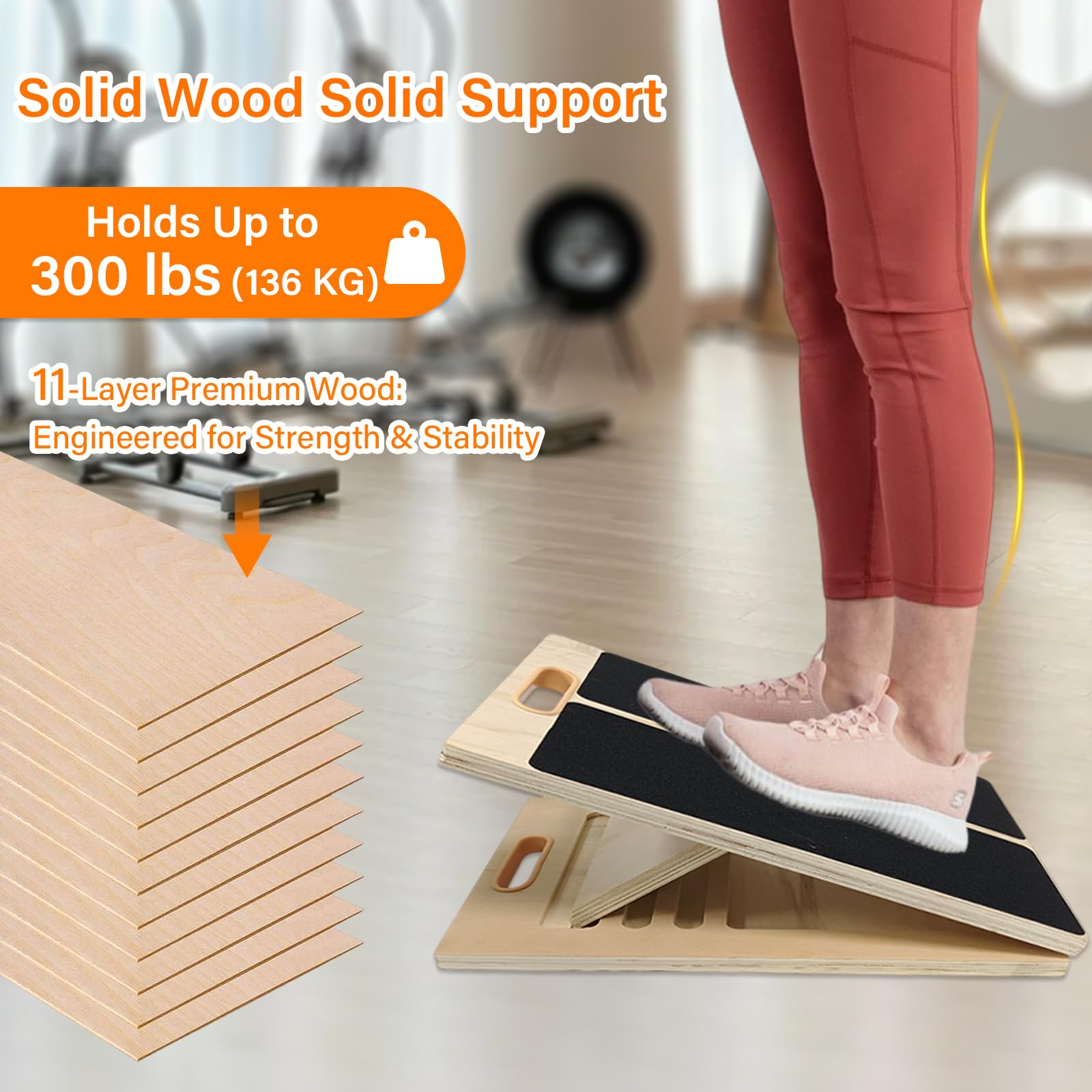 Tabla Inclinada para Estirar Pantorrillas, Tabla Inclinada Ajustable de Madera tabla de Ejercicios de Madera Fitness para Estiramientos de Pantorrillas Tobillos Piernas y Sentadillas Training