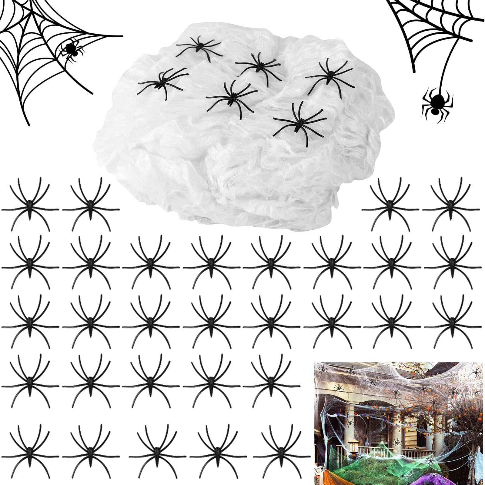 Toile D'araignée Halloween 300g Avec 50 Araignées Noires – Décoration Effrayante Extensible Pour Intérieur Et Extérieur – Idéale Fête, Maison Hantée - 3