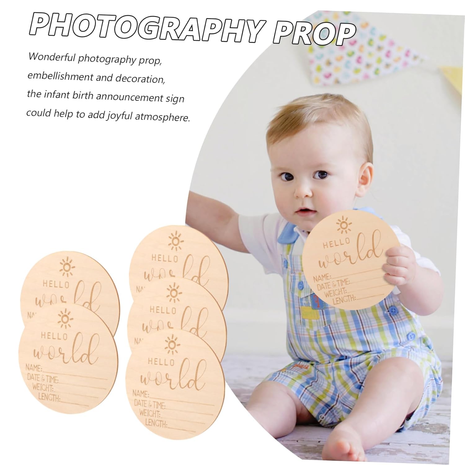 Abaodam 5pcs Welcome Sign Cards Birth Announcement Name Sign Wooden Round Shape