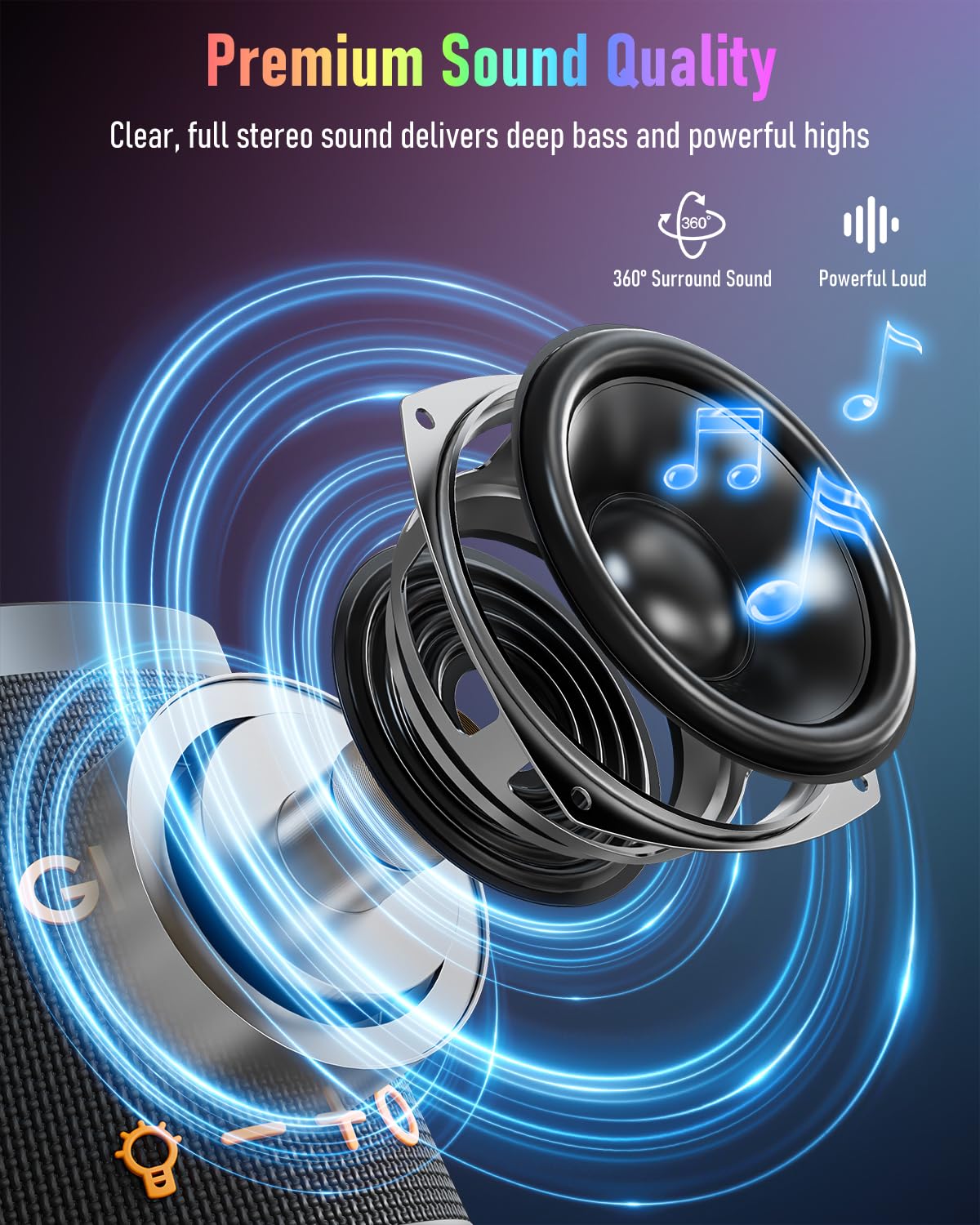 Gladorn Portable Bluetooth Speaker Wireless with 9 Color Lights, 20H Playtime, Stereo Pairing, Deep Bass, IPX6 Waterproof, Bluetooth 5.3, Small Speaker for Home, Party, Outdoor, Camping, Beach, Gift