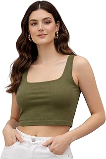 Unicus Apparel Soft Cotton Premium Comfort Ribbed Square Neck Crop Tank Top for Women - Olive Green | Sleeveless | Slim Fi...