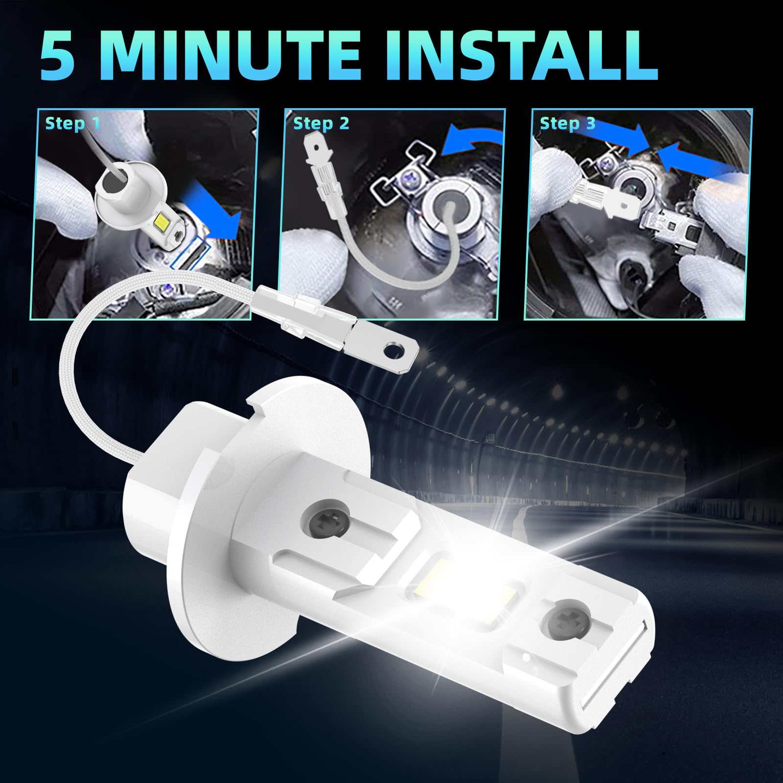 AUXIRACER Ampoule H3 LED, 6500K Blanc 35000LM 600% Lumineuse Ampoule LED H3 pour Phare Voiture et Moto, 1:1 Taille, Plug and Play, 2 Pièces