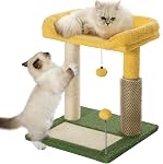 Made4Pets Poste d'éraflure de chat avec grand perchoir & Brosse auto-groomère pour chats d'intérieur, petite tour de l'arbre de chat avec sisal Cat Scratcher Post & Plaquette / 2 Jouet de boules, 6-in-1 pour les chatons, Gris