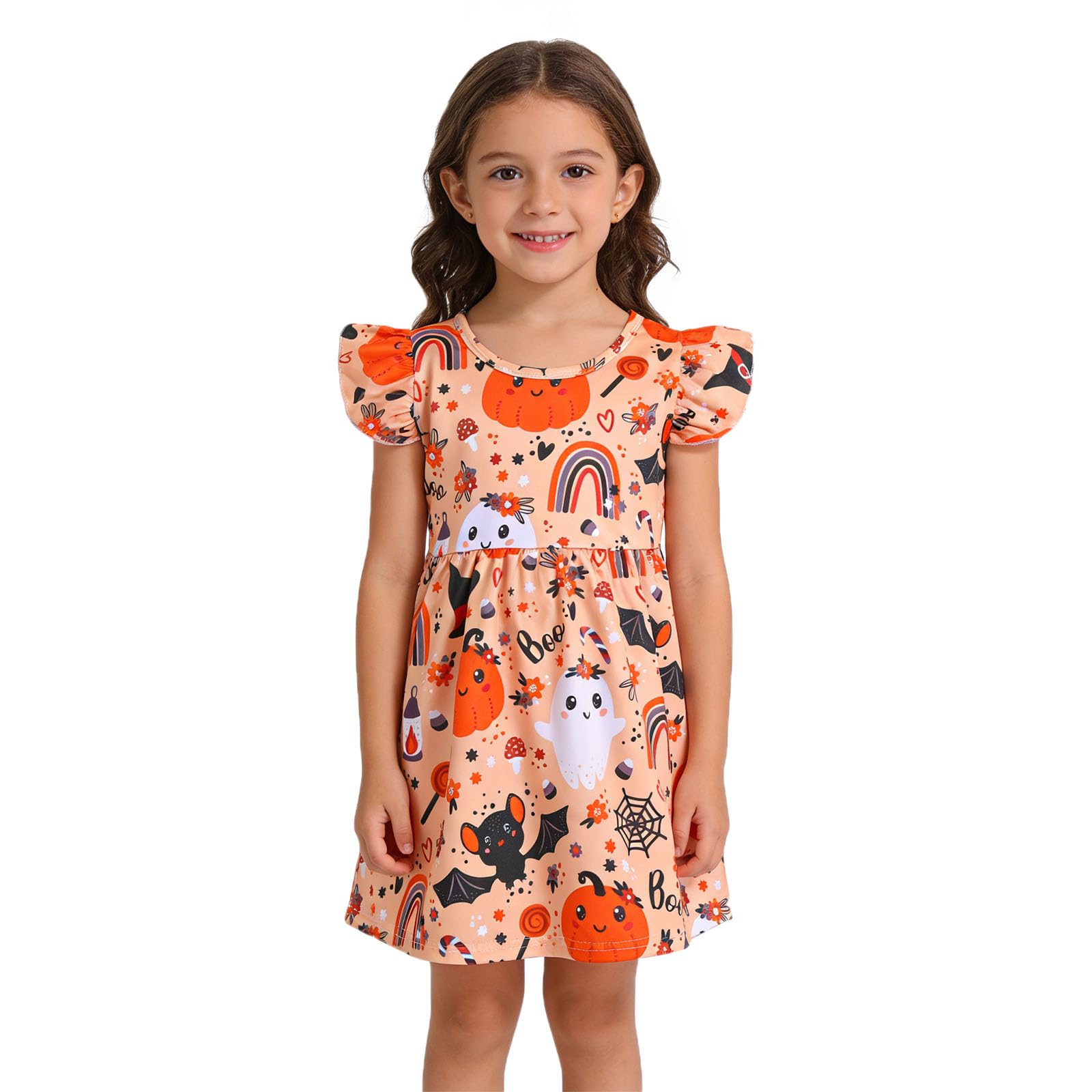 DACSOIT Toddler Girl Dress Ghost Bat Print Ruffle Bottom Casual Dress Clothes 1-8Y