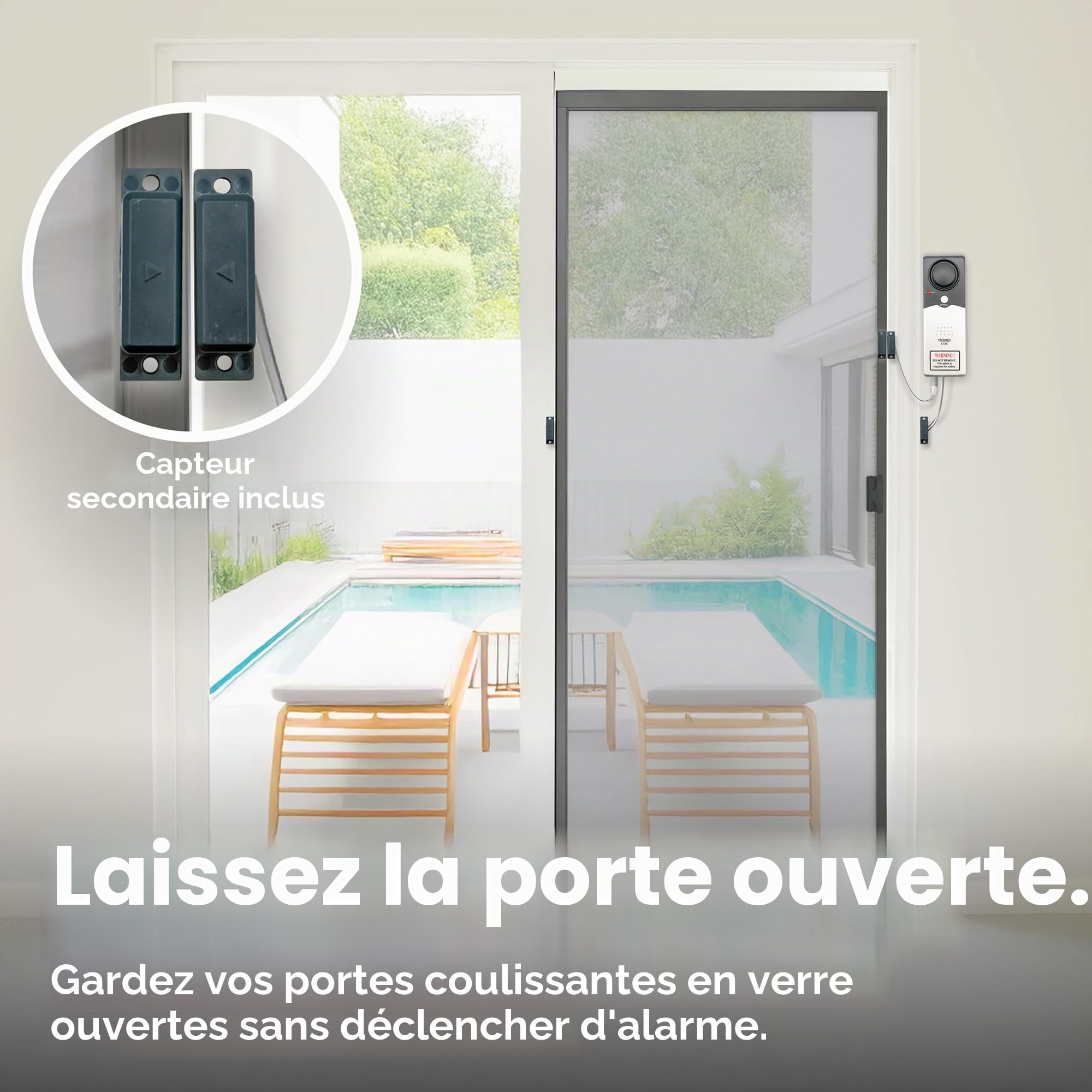 Techko S189 Alarme de piscine ultra fine et sûre pour enfants, conforme à la norme ETL UL 2017, résistante aux intempéries, alarme puissante de 110 dB avec 2 boutons de dérivation, gris, 1 pièce