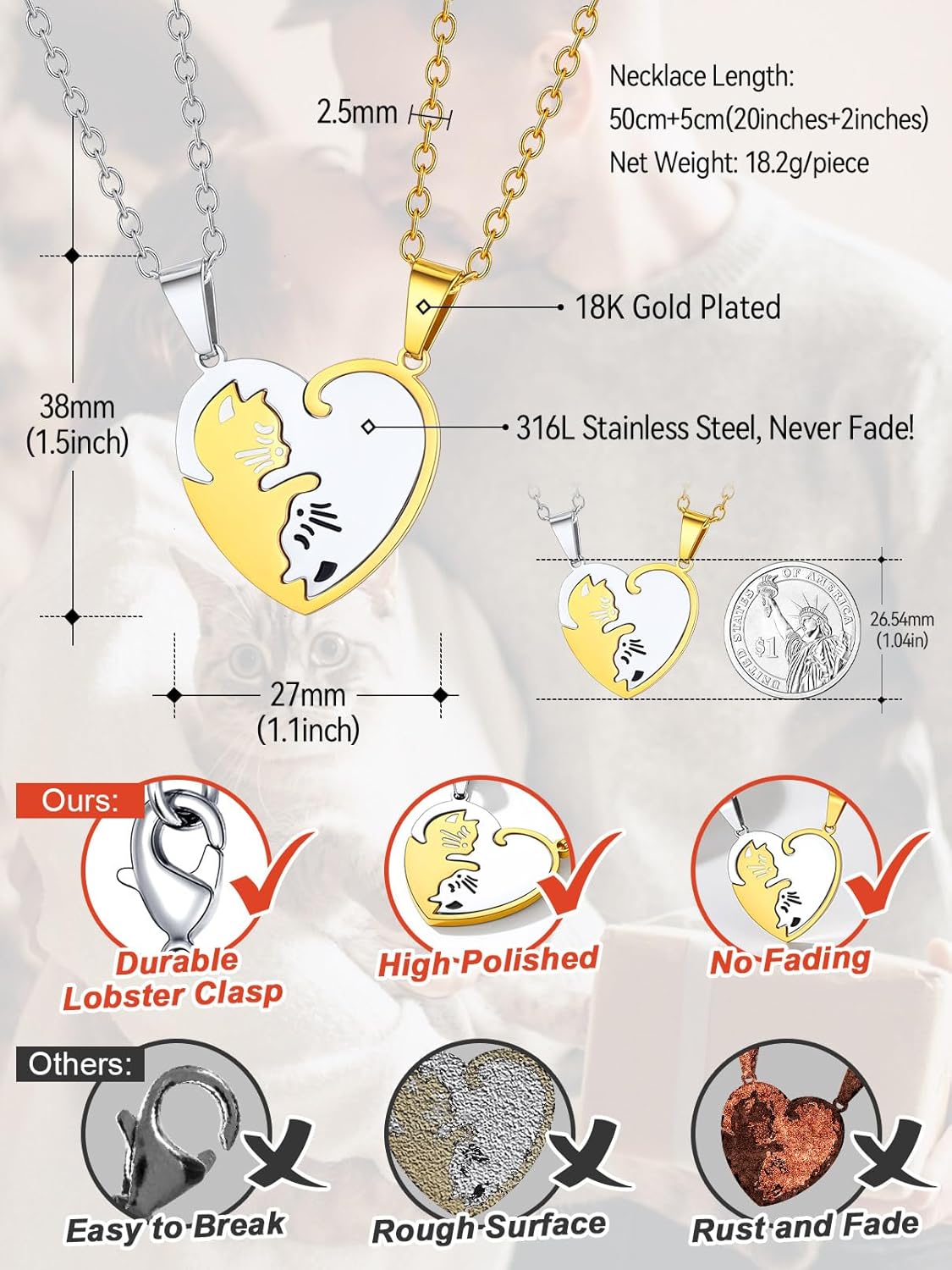 FaithHeart Cat Matching Puzzle Necklace for Couples Bff Heart Pendant with 22inch Black Braided Leather Chain Friendship 2 Cat Matching Necklaces with Gift Box