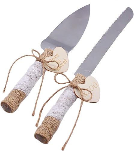 Juego de cuchillos y servidores para tartas de boda, juego de cortador de pastel de acero inoxidable con cordel de encaje y etiqueta de madera,