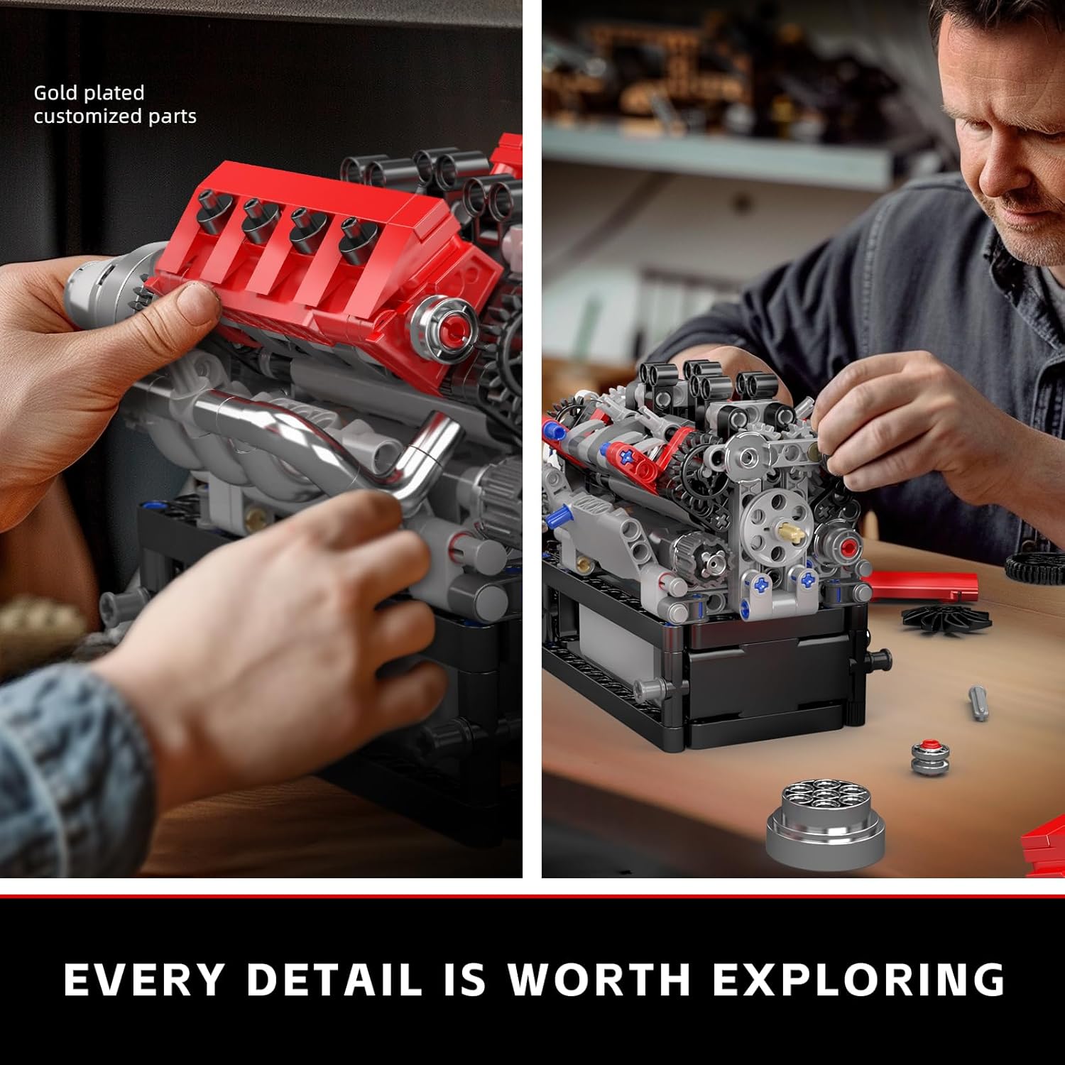 Mould King 10204 V8 Engine Model That Works - Build Your Own V8 Engine Toy, 8-Cylinder Petrol Car Engine Replica Model Building Kit for Adult (750 PCS)