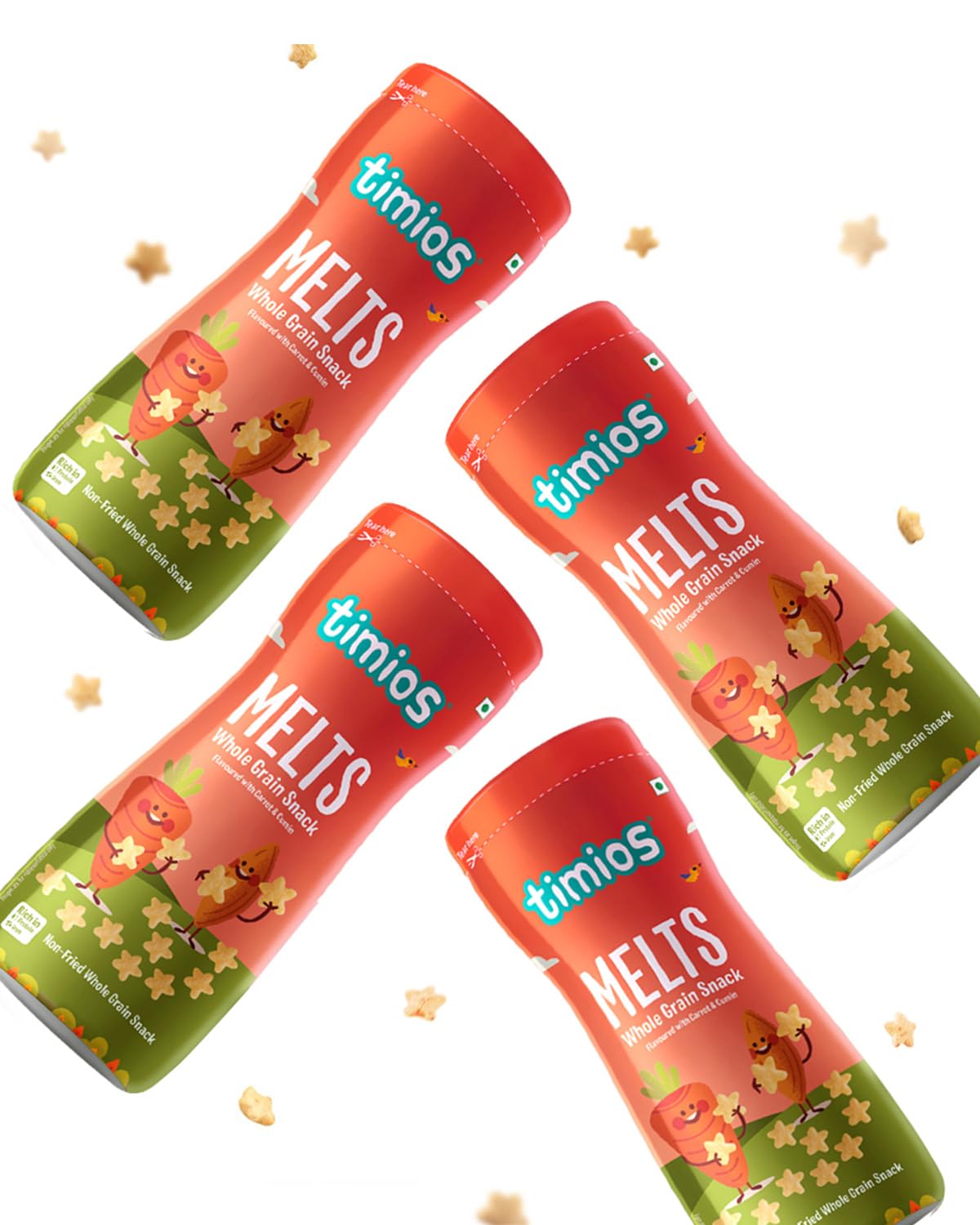 Melts Wholegrain Preservative Free Teething Puffs for Kids, Carrot & Cumin, No Maida, Not Fried, Rich in Iron &Fiber, Travel Friendly, Healthy Snacks for Kids, Snacks Combo, Pack of 4, 50g Each
