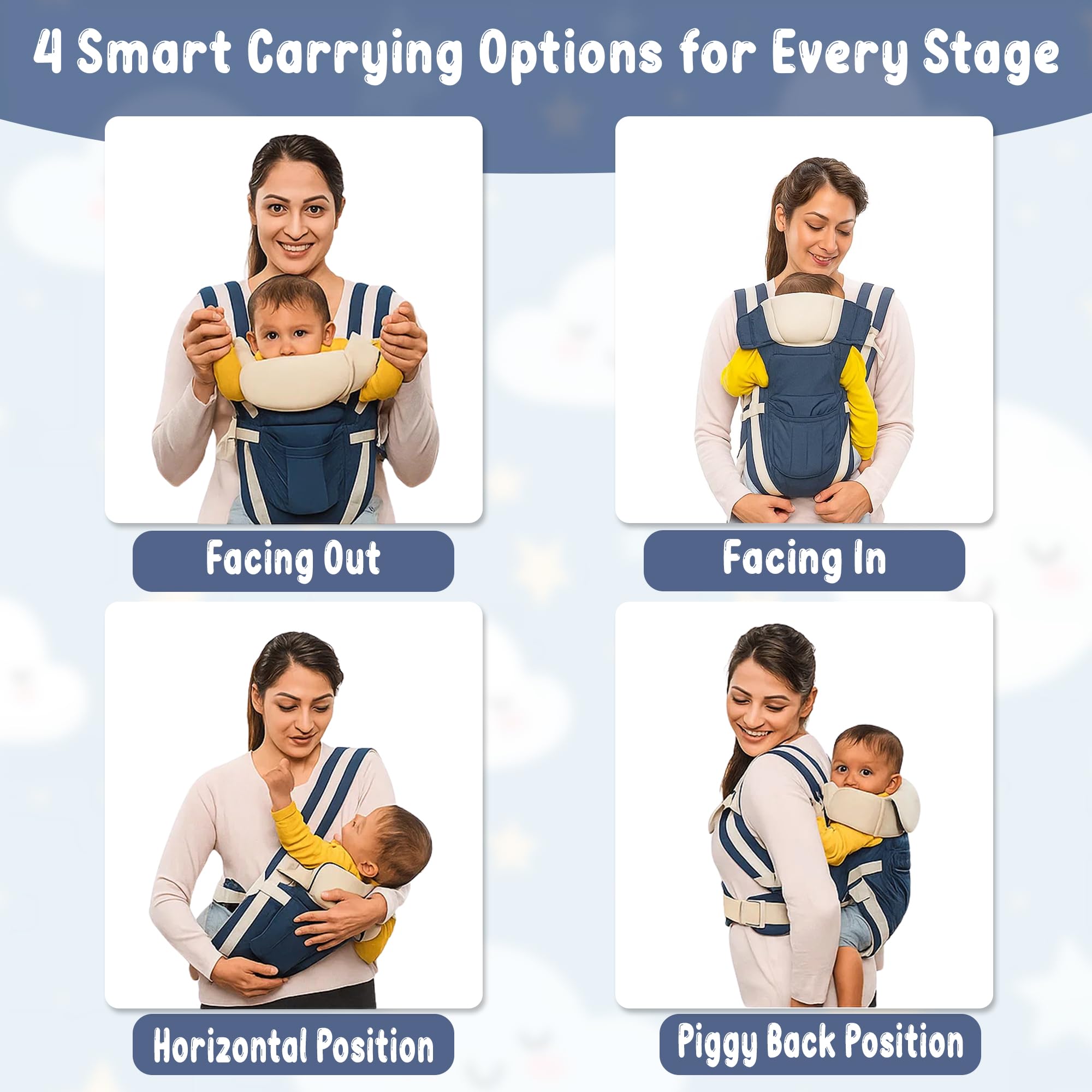 GLUN® Infant& Child Holder Carrier Kangaroo Bag, Pack of 1 Navy Blue Colour, Baby Carrier Bag, Ergonomic & Soft Lightweight with Storage Pockets, Comfortable Baby Backpack for 6-24 Month & Toddlers
