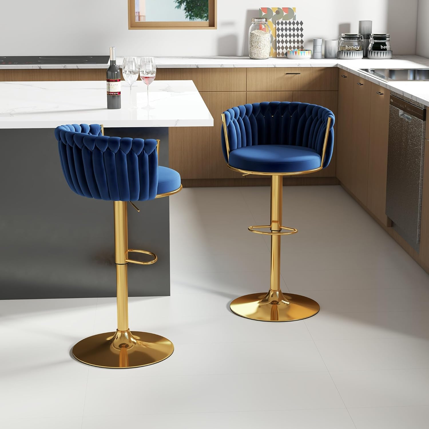 ABET Gold Bar Stools Set of 2, Velvet Woven Barstools, Swivel & Height Adjustable Counter Stools with Upholstered Backrest, Modern Luxury Kitchen Stools Chairs with Footrest for Cafe, Pub, Blue