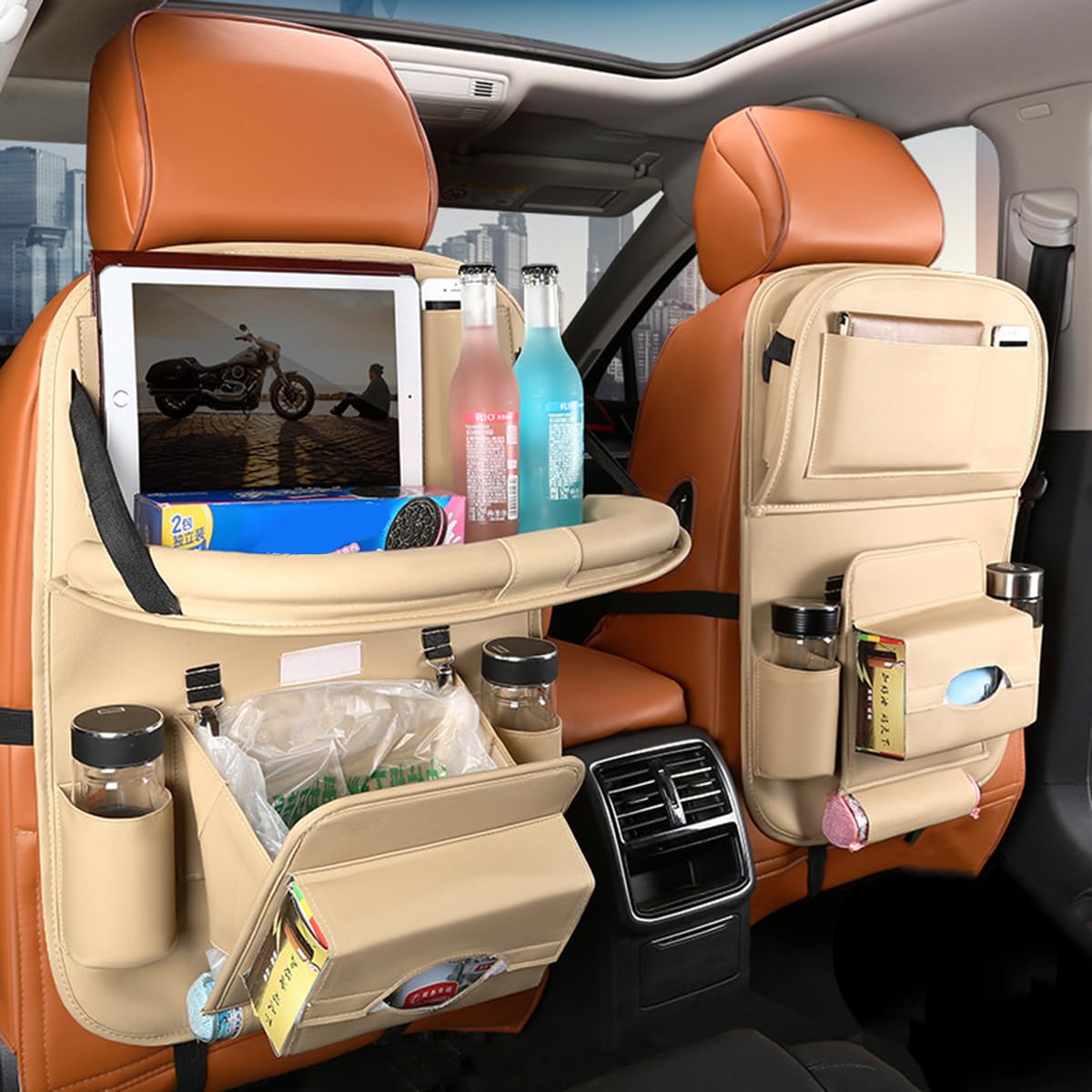 Organizador Asiento Coche para Skoda Fabia, con Cubo de Basura y Mesa Portátil, Multi-Bolsillo de Almacenamiento de Coche,B/Beige