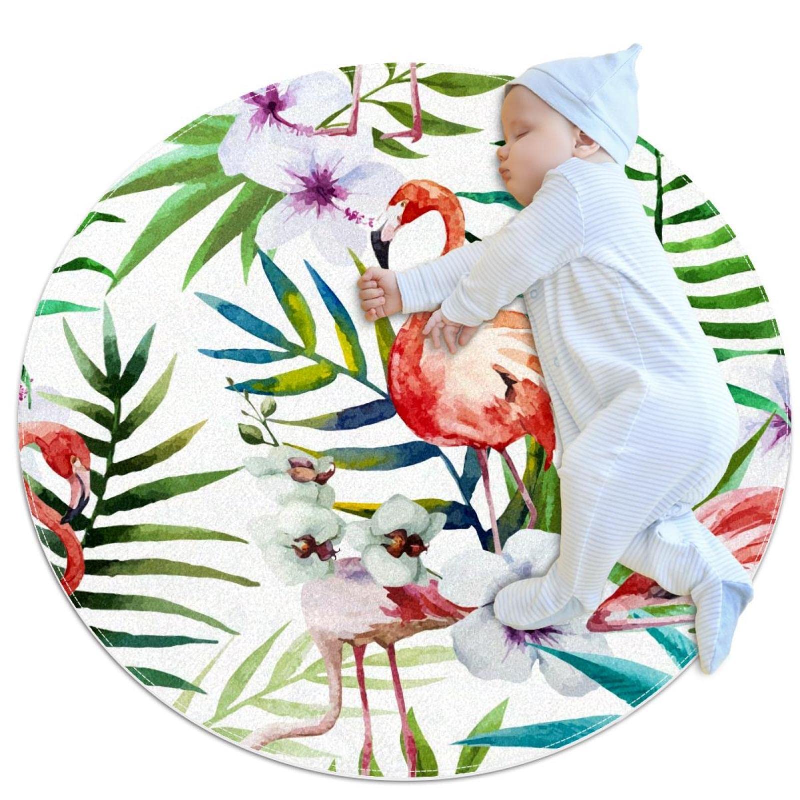 Tapis rond flamants roses JDEZ au motif peinture de fleurs unique, diamètre 100x100cm