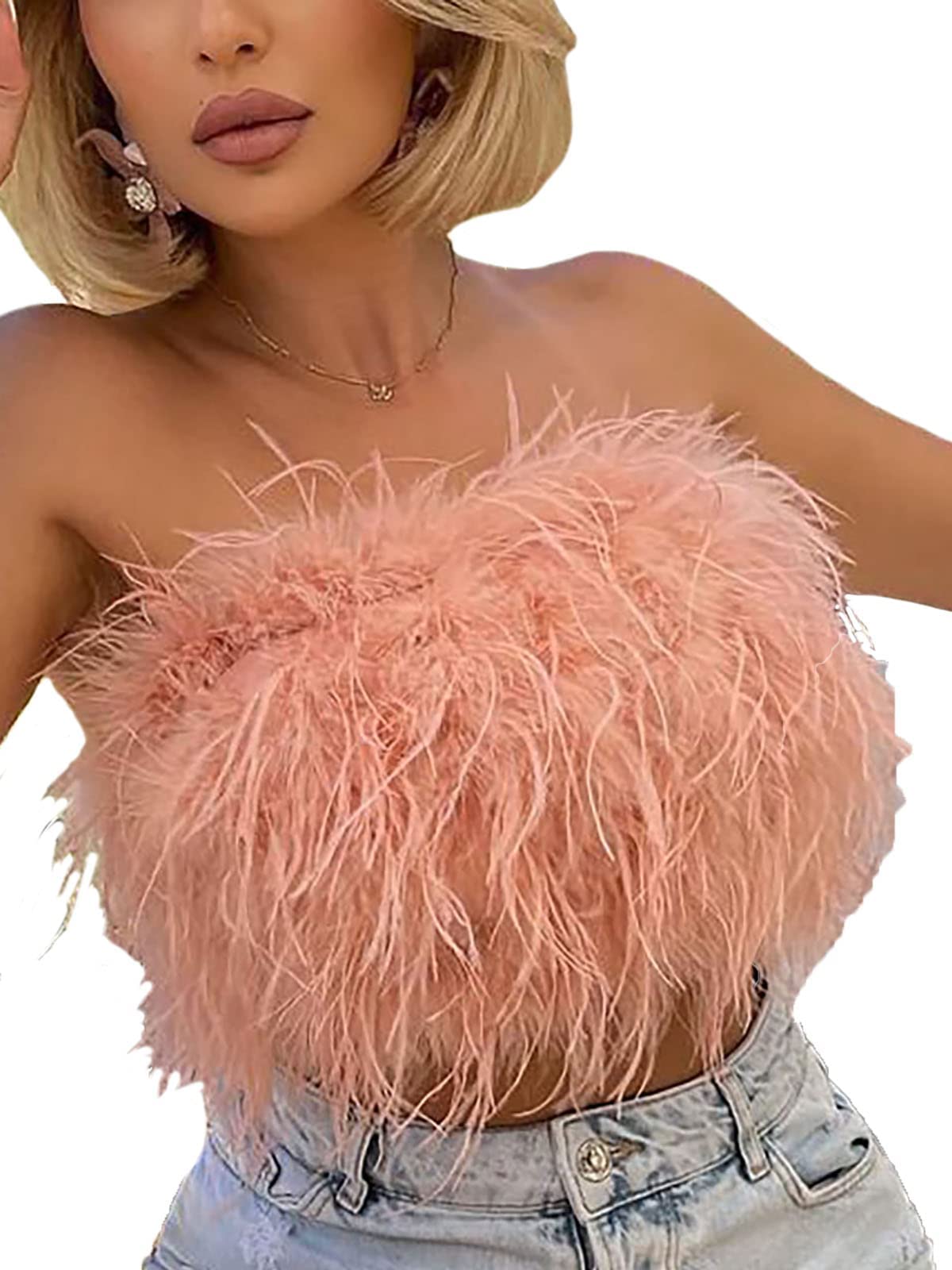 WUOOYOQ Women Sexy Faux Fur Tube Crop Top Solid Color Feather Strapless Backless Zip Up Tube Top Y2k Party Clubwear